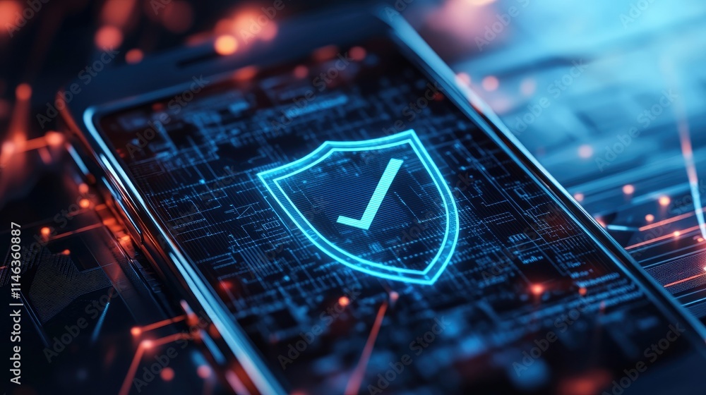 Poster Digital Security Concept with Smartphone and Checkmark Symbolizing Protection in a Technological Environment with Abstract Circuit Patterns and Glowing Elements