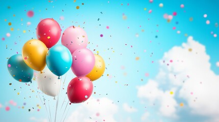 Floating colorful balloons against soft blue sky, vibrant pink yellow red and blue helium balloons, fluffy white clouds, cheerful celebration scene, festive design, blank space, scattered confetti
