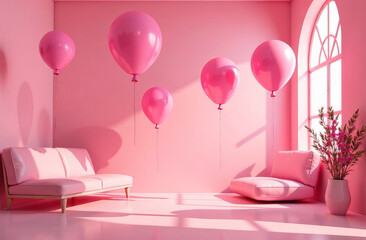 Pink Air balloons floating gracefully, in a minimalist, celebrate, happiness and joy.