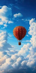 Fototapeta premium A vibrant hot air balloon floats among fluffy white clouds against a stunning blue sky.