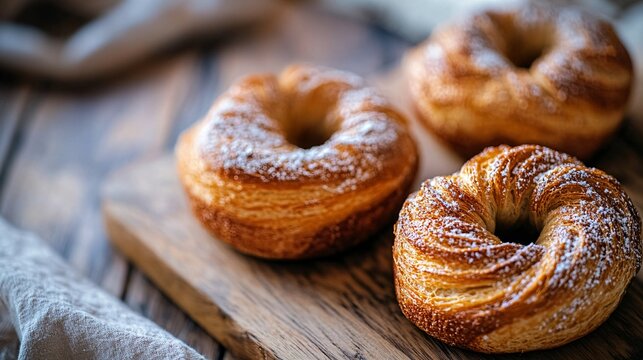 Delicious cronuts lying on wooden cutting board: freshly baked pastry