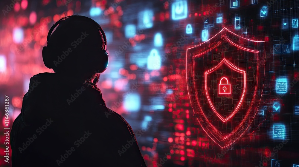 Poster silhouette of a person wearing headphones in front of a futuristic digital lock interface representi