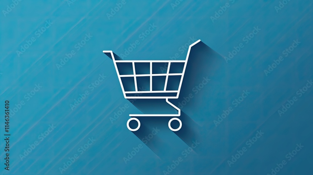 Poster minimalist shopping cart icon on blue background, modern design with clean lines and subtle shadows 
