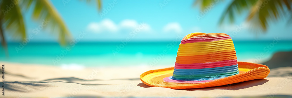 Poster tropical summer holiday concepts feature a colorful hat on a decorated beach in an abstract style wi