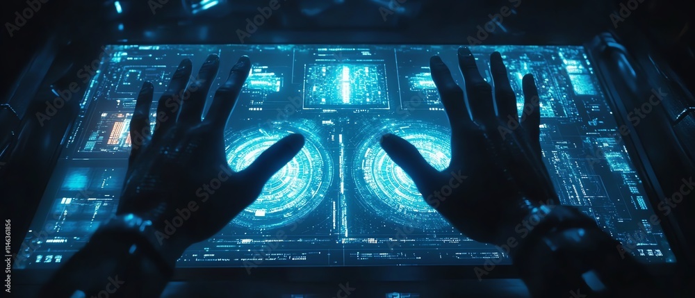 Poster futuristic hands controlling a digital interface, symbolizing innovation and datadriven technology, 