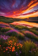 Fototapeta premium caressing tones vibrant sunset painting tranquil landscape dynamic motion over waves colorful hues, sky, water, colors, horizon, clouds, light, reflection