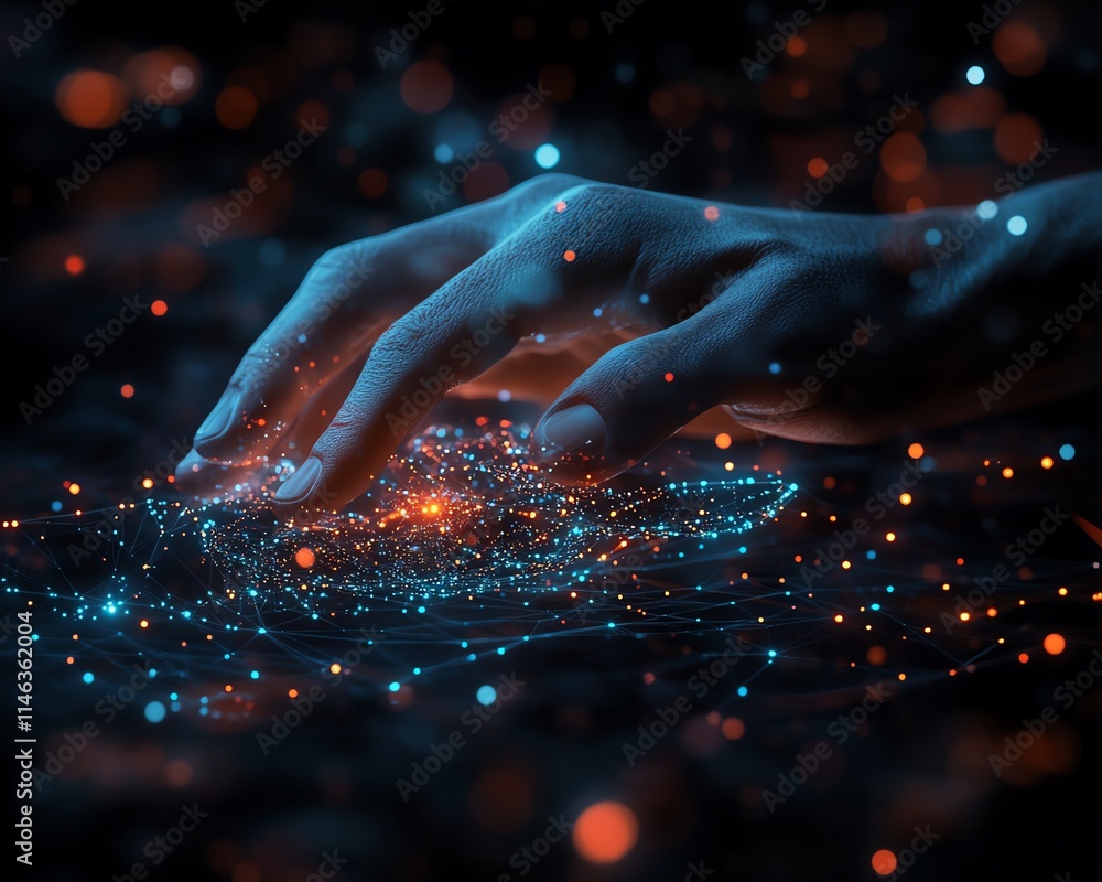 Aufkleber futuristic hands manipulating a digital holographic interface, showcasing data processing and innova