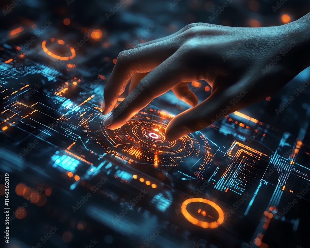 Aufkleber futuristic hands manipulating a digital holographic interface, showcasing data processing and innova