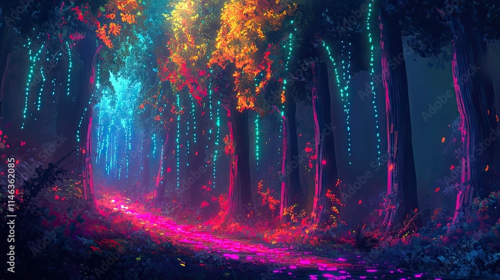 Poster enchanted forest pathway with vibrant colors and mystical lights illuminating trees and ground in a 