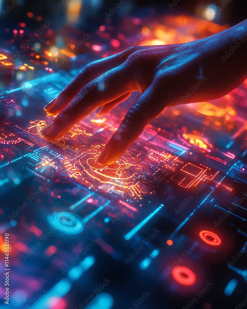Poster futuristic hands manipulating a digital interface, showcasing advanced technology and data processin
