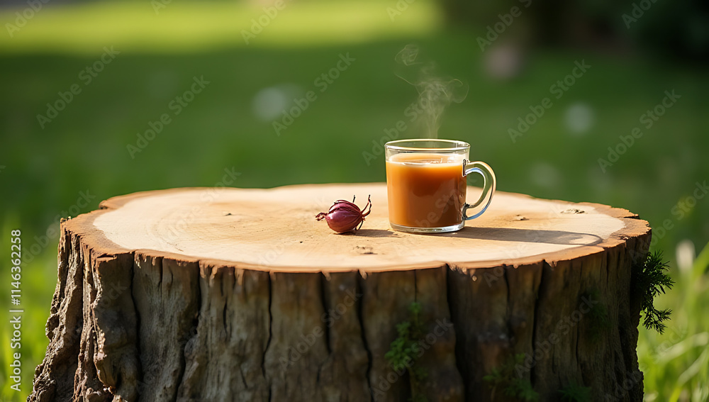 Aufkleber tree stump serves as unique and rustic tabletop for creating visually appealing product displays and