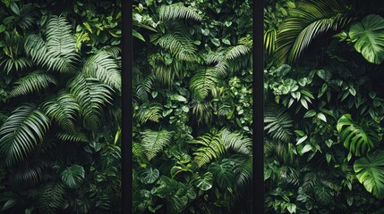 Naklejka premium Lush green vertical garden viewed through three panels.