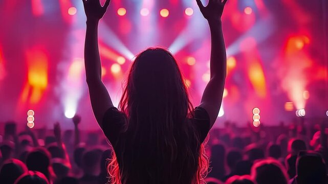 Lost in the Music: A lone figure, silhouetted against a vibrant stage lights,  raises their hands in a joyous celebration of music, capturing the raw energy and passion of a live concert.  