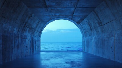 Naklejka premium View of tranquil sea through a concrete tunnel at dusk with soft blue lighting and serene atmosphere