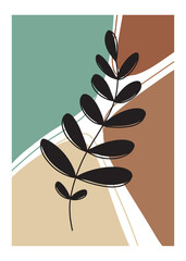 Modern art wall poster with pastel colors stains, lines and rounded black silhouette branch with leaves. Green, terracotta, beige, mint colors. Trendy boho floral design, interior, bedroom