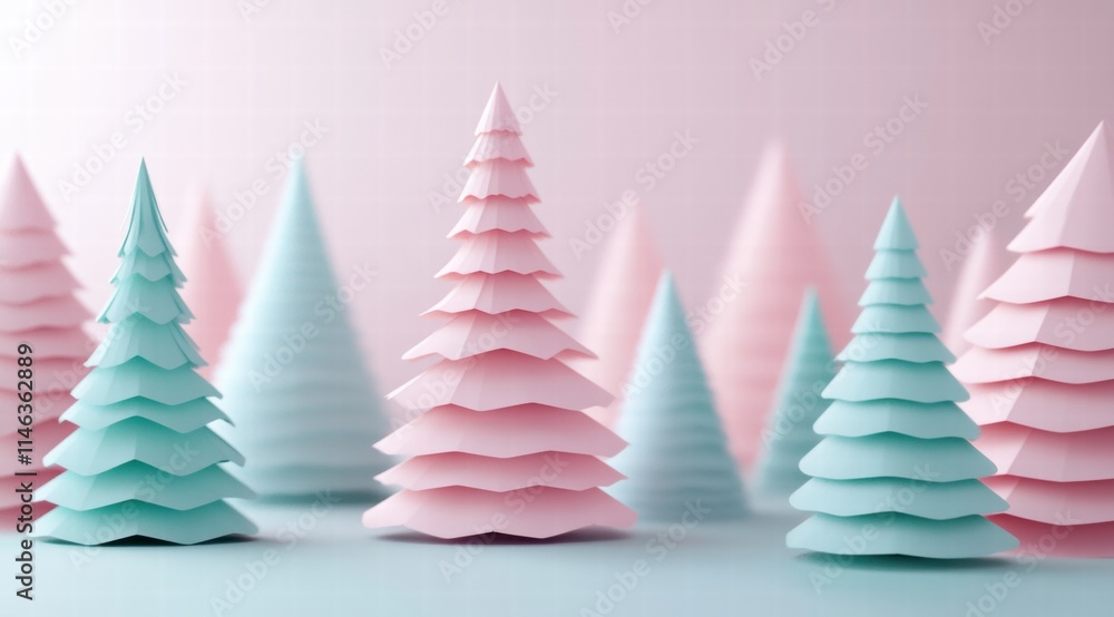 Poster 3d rendering of multiple pink and teal christmas trees in different sizes.