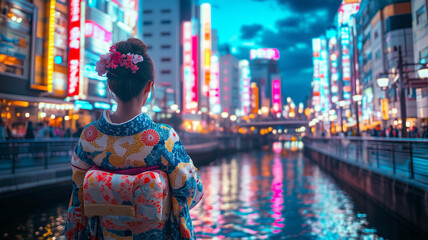 Fototapeta premium 道頓堀の川沿いで夜景を楽しむ着物姿の女性