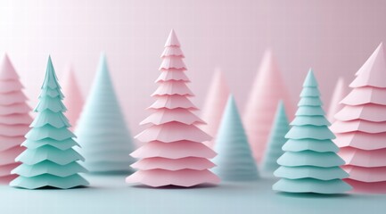Fototapeta premium 3D rendering of multiple pink and teal Christmas trees in different sizes. 