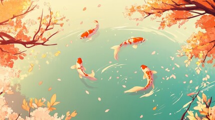 Koi fish swimming in a serene pond under blossoming trees.
