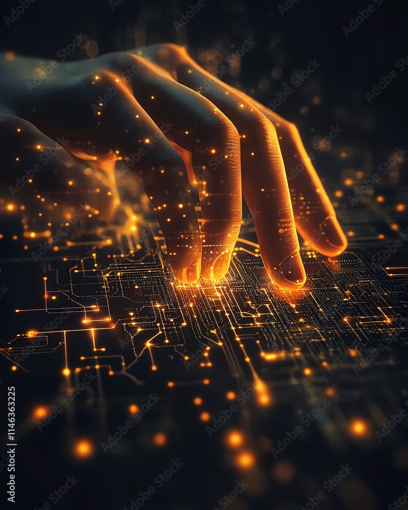 Poster hands engaged with a hightech digital interface, symbolizing innovation and data processing, glowing