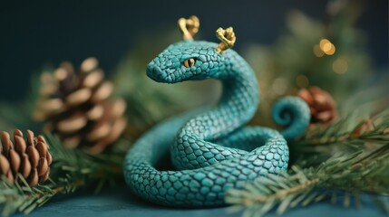 Fototapeta premium A vibrant snake figurine with blue and red patterns sits on a wooden surface surrounded by holiday ornaments and soft, glowing lights, creating a cheerful atmosphere.