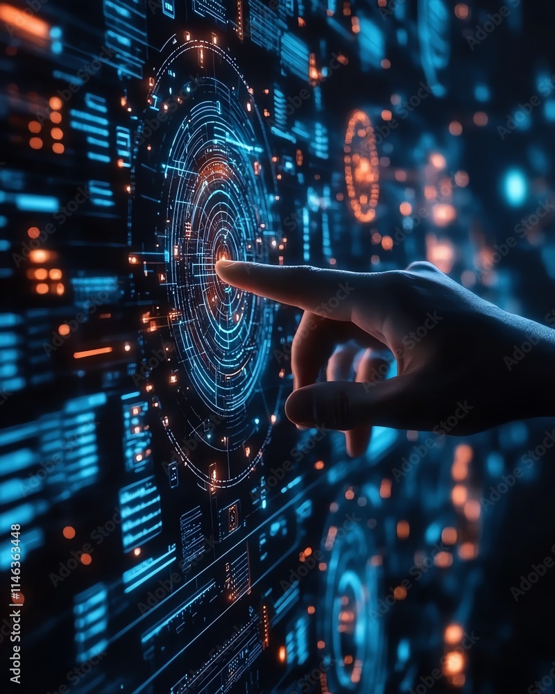 Aufkleber hands interacting with a futuristic digital interface, representing technology, data processing, and