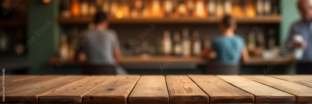 Poster the wooden tabletop features a textured surface while the blurred bar background creates a subtle co