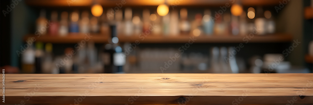 Poster the wooden tabletop features a textured surface while the blurred bar background creates a subtle co
