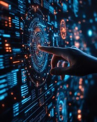 Fototapeta premium hands interacting with a futuristic digital interface, representing technology, data processing, and innovation, glowing holographic elements, hightech environment