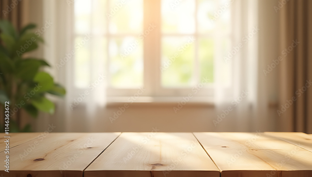 Aufkleber the wooden table top was empty in front of a blurred curtain, its sunlight casting an unclear glow i