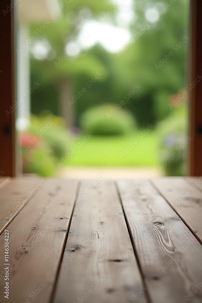 Poster The top of a wooden table blends into the blurry view behind it, with a garden visible in the background._00001_