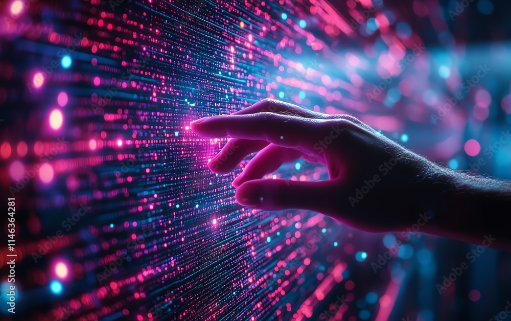 Poster hightech hands interacting with a futuristic digital display, symbolizing data processing and techno