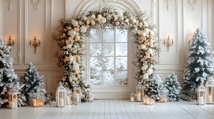 An elegant holiday interior features a luxurious white arch window, a floral arch with white and peach roses, decorative Christmas trees, and soft warm lighting, creating a festive, romantic atmospher