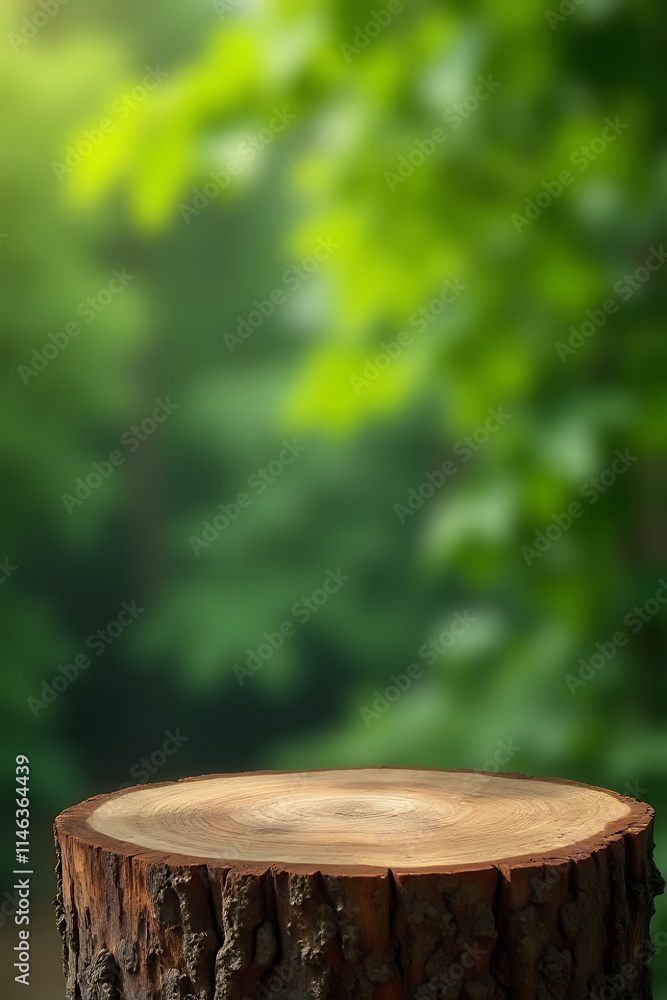Poster the selective focus is on an old tree stump tabletop against a blurred green background of foliage._