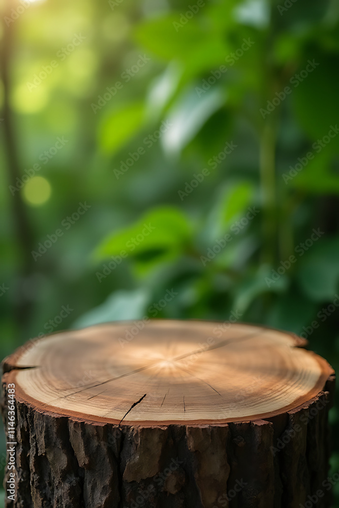 Aufkleber the selective focus is on an old tree stump tabletop against a blurred green background of foliage._