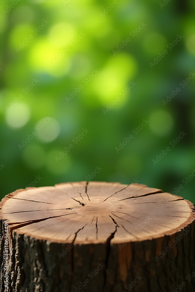 Poster the selective focus is on an old tree stump tabletop against a blurred green background of foliage._