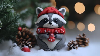 Charming raccoon figurine in winter forest setting surrounded by snow and pine cones