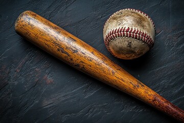 Baseball equipment with bat, glove, and ball arranged on field