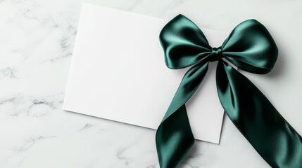 Luxurious reward card template, emerald green silky bow embellishment, pearly white background, refined calligraphic text, premium retail aesthetic, rounded corners, sophisticated presentation