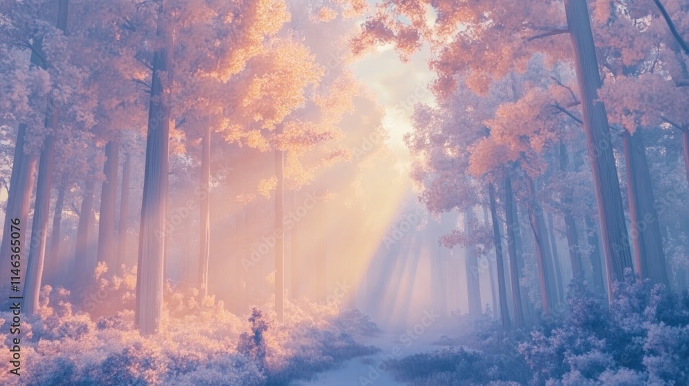 Poster a serene forest bathed in soft light, evoking tranquility and connection with nature.
