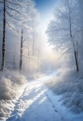 Fototapeta premium stunning frosty forest lush snow covered branches creating magical winter wonderland scene, landscape, trees, nature, beauty, cold, scenic, outdoor, serene