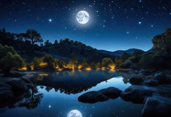 Fototapeta premium majestic moonrise illuminating serene landscape silhouettes starry skies reflective waters, stars, sky, reflection, nature, night, beauty, illumination