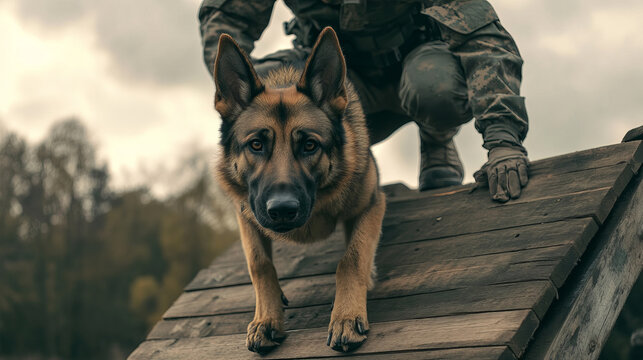 German Shepherd confidently climbs wooden ramp during military training exercise, guided by soldier in camouflage gear, showcasing teamwork and determination - Powered by Adobe