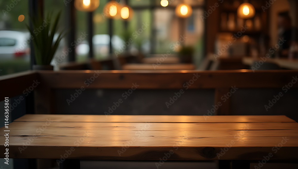 Poster the empty wood table top sits in a dimly lit background amidst the quiet atmosphere of a deserted ca