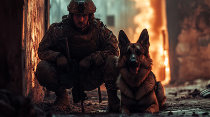soldier crouches with German Shepherd by his side in war torn urban setting, illuminated by fiery destruction in background, evoking tension and loyalty