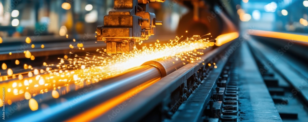 Poster a dynamic scene of a metalworking process, capturing sparks flying from a machine cutting through st
