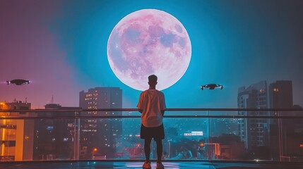 Man on balcony gazing at giant pink moon above futuristic city with drones.
