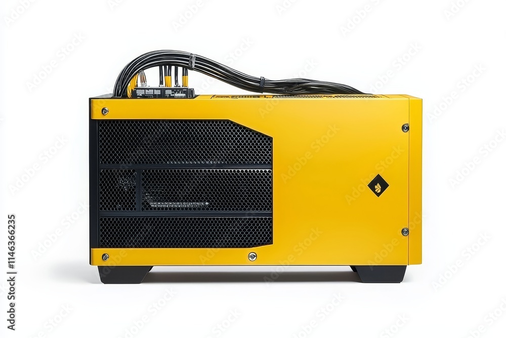 Poster an isolated image of a bitcoin and altcoin mining farm on a white background.