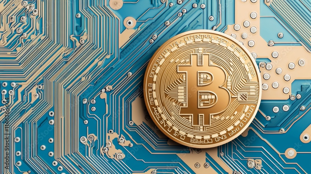 Poster an illustration showcasing the 3d visualization of bitcoin blockchain cryptocurrency mining technolo