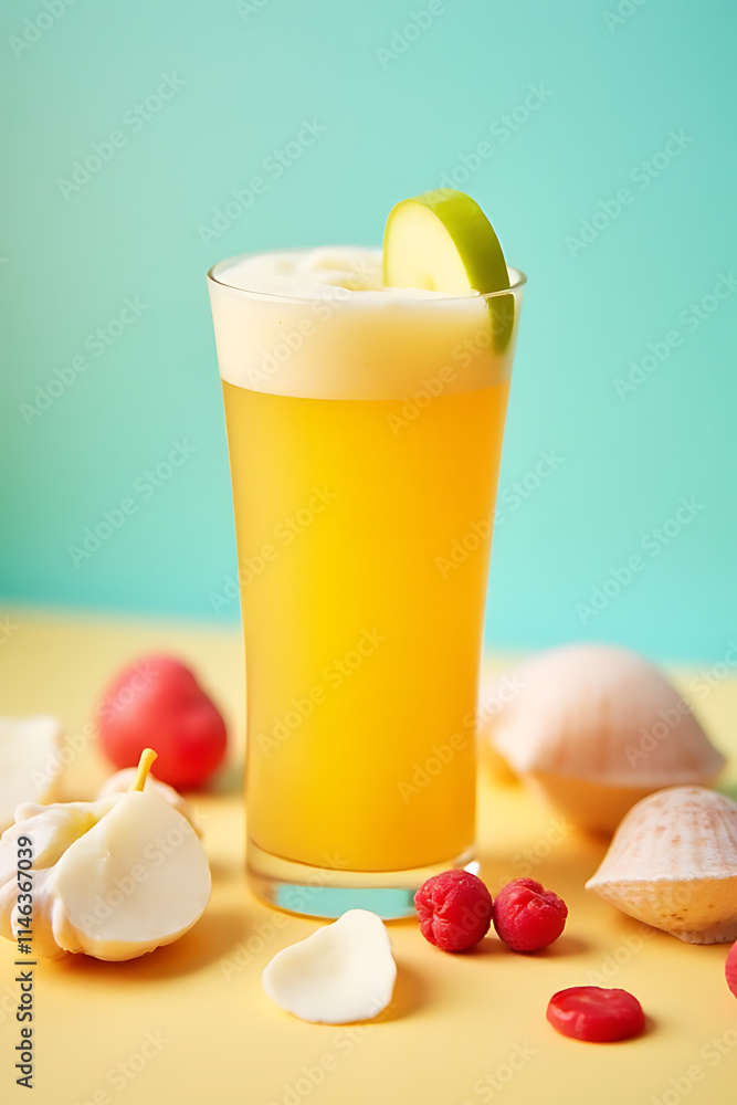 Poster summer concept combines refreshing apple juice with a set of colorful shells as a fun and playful th
